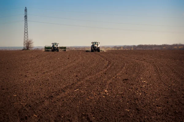 Tractors sowing in field