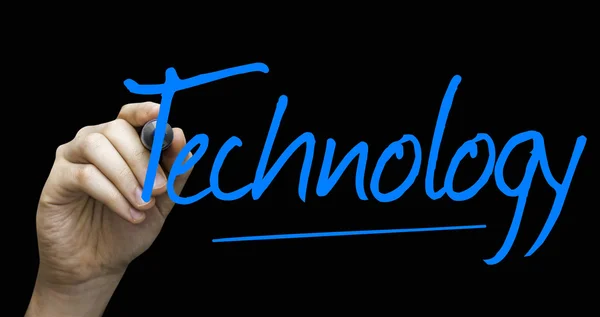 Technology hand writing with a blue mark on a transparent board