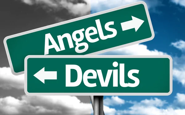 Angels x Devils creative sign with clouds as the background