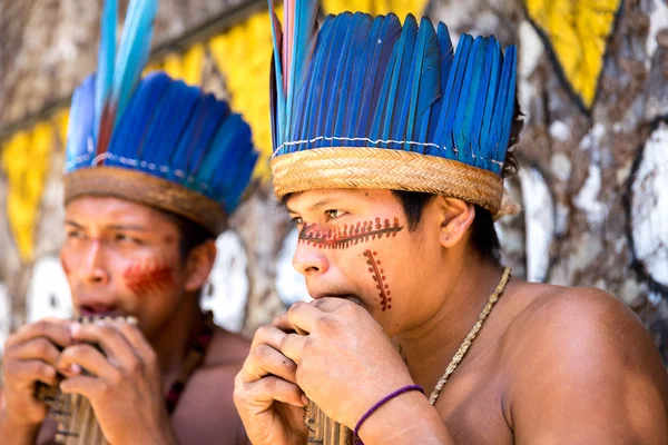 Native Brazilian guys playing wooden flute