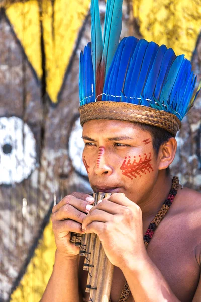 Native Brazilian playing wooden flute at an indigenous tribe in the Amazon