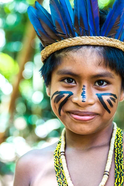 Native Brazilian boy at an indigenous tribe in the Amazon