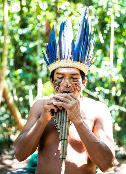 Native Brazilian man playing wooden flute at an indigenous tribe in the Amazon