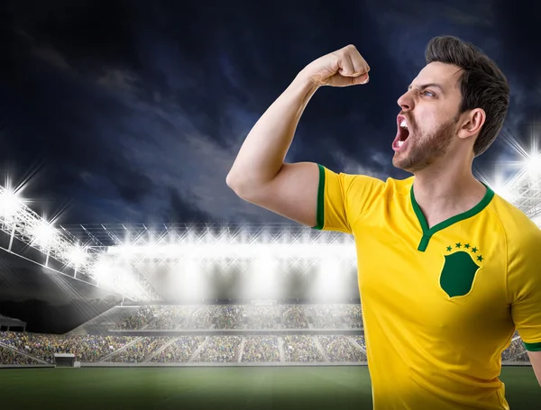 Brazilian male fan celebrating in the stadium