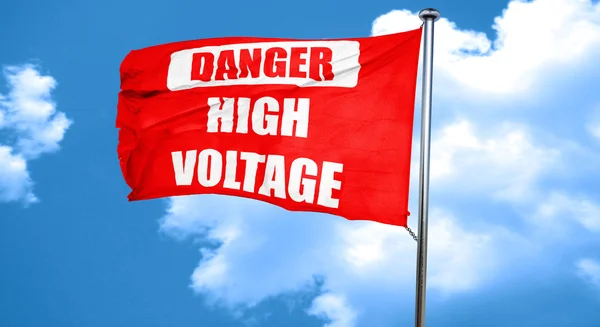 High voltage sign, 3D rendering, a red waving flag