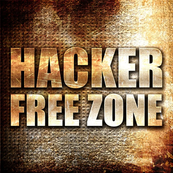 Hacker free zone, 3D rendering, metal text on rust background