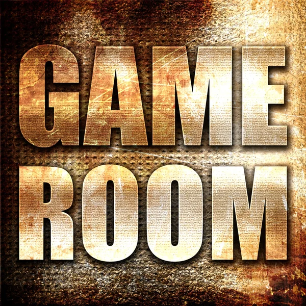 Game room, 3D rendering, metal text on rust background
