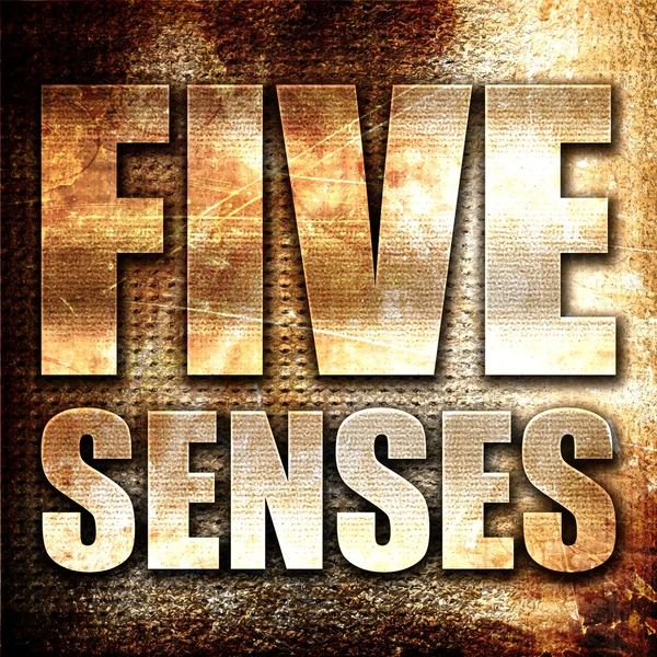 Five senses, 3D rendering, metal text on rust background