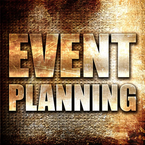 Event  planning, 3D rendering, metal text on rust background