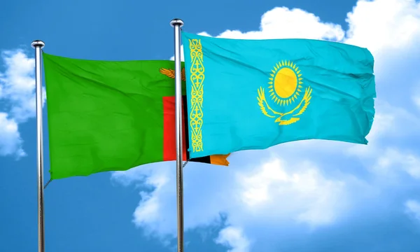 Zambia flag with Kazakhstan flag, 3D rendering