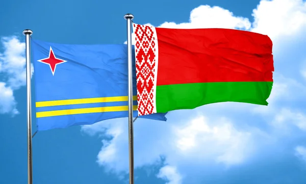Aruba flag with Belarus flag, 3D rendering