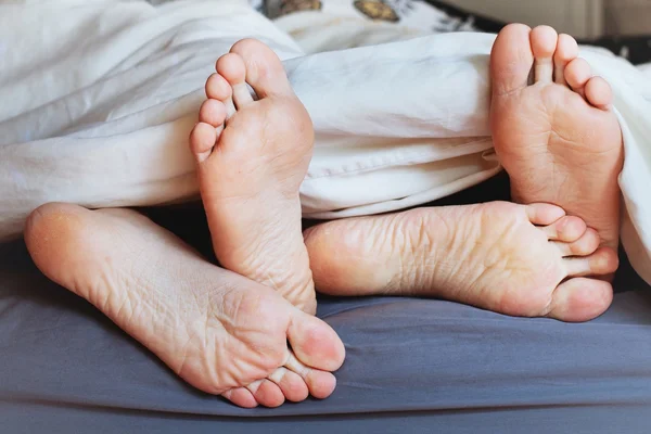 Feet of family under blanket
