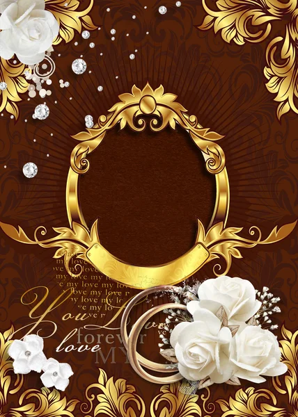 Brown wedding background with gold elements and white roses.