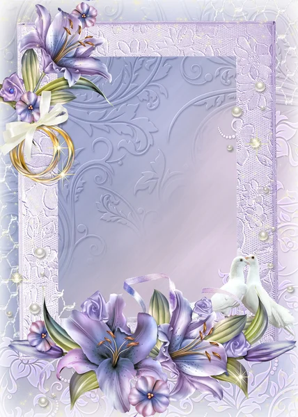 Wedding background with white pigeons and lilies.