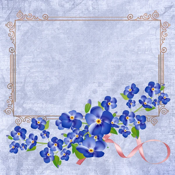 Postcard with a composition of blue flowers and lace frame on a gentle background.