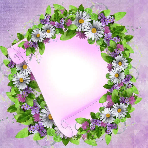 Lavender background with floral border and card