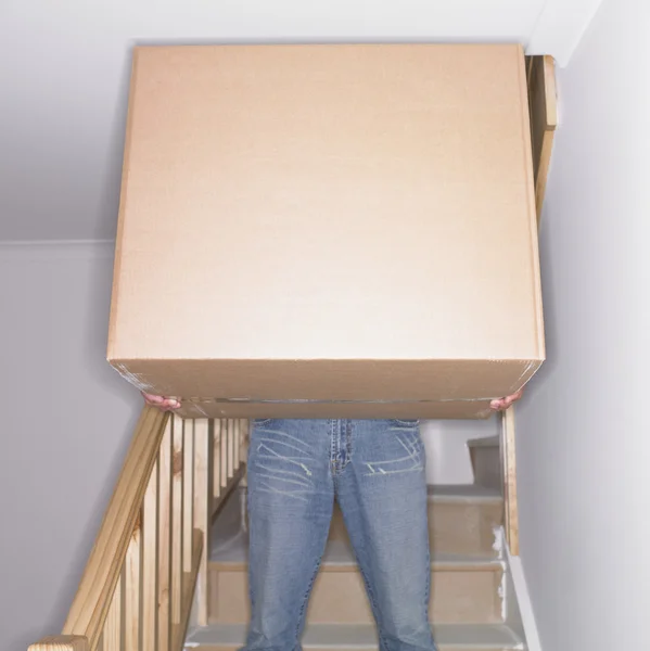 Man carrying box down stairs in new house