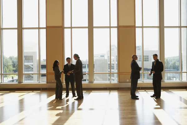 Group of businesspeople talking in sunlit room