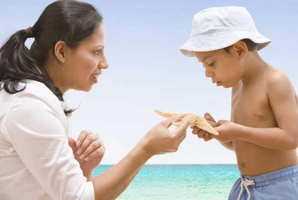 Hispanic mother and son looking at starfish