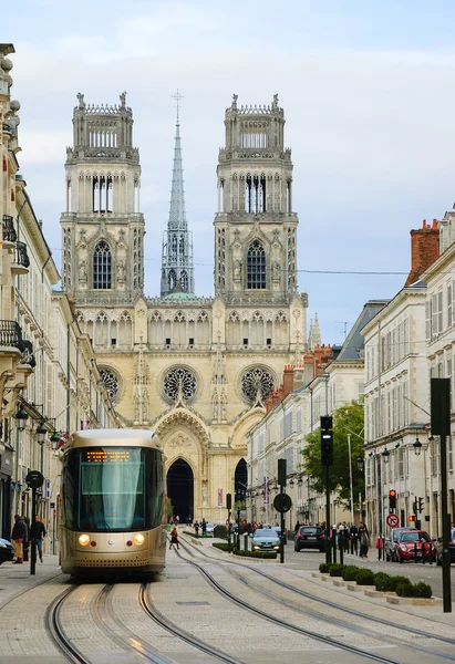 ORLEANS, FRANCE -  NOVEMBER 11, 2014: Cityscape of Orleans with the Cathedral and the tram. At 1429 Joan of Arc saved the city from the English siege during the Hundred Years\' War.