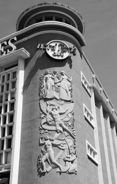 LISBON, PORTUGAL - APRIL 22, 2015: Hard Rock Cafe at Restauradores Square. Hard Rock Cafe is located in former  Condes Cinema building designed in 1950 by architect Raul Tojal in Modernist style.