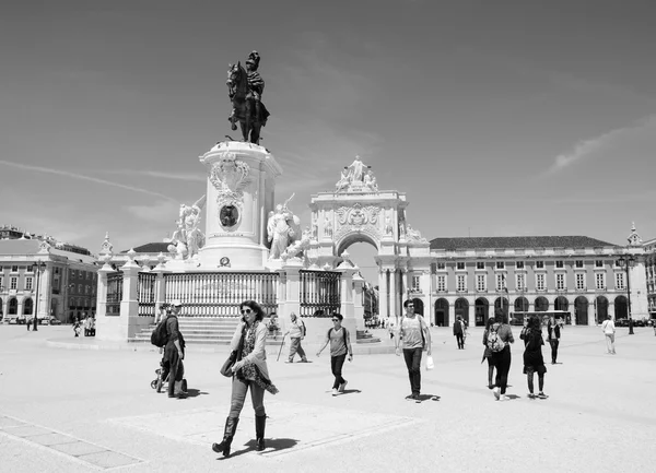 LISBON, PORTUGAL - APRIL 22, 2015: Tourists and citizens at Commerce square (Praca do Comercio).