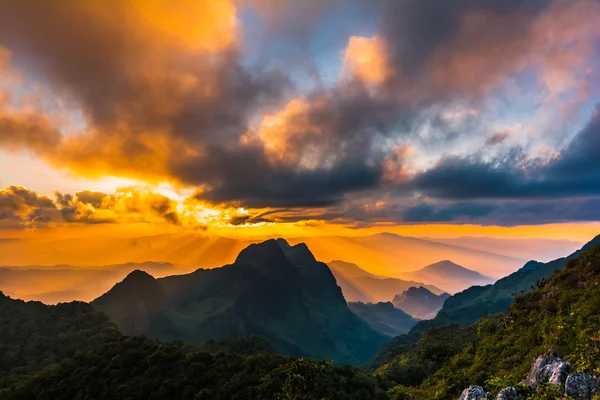 The sun over a mountain range at Doi Luang Chiang Dao, High moun