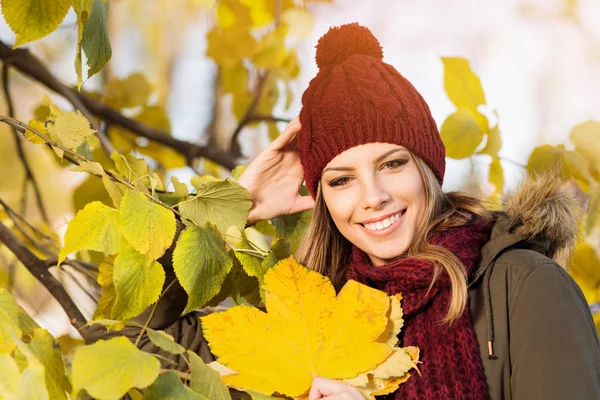 Beautiful young woman in knitted beanie hat and scarf outdoors in park in autumn