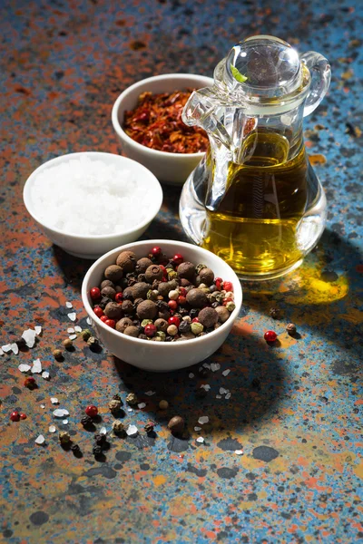 Assortment of pepper, sea salt and olive oil