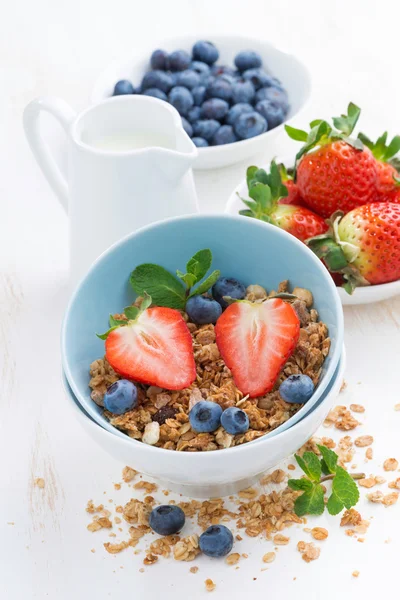 Healthy food - granola, fresh berries and jug of milk, vertical