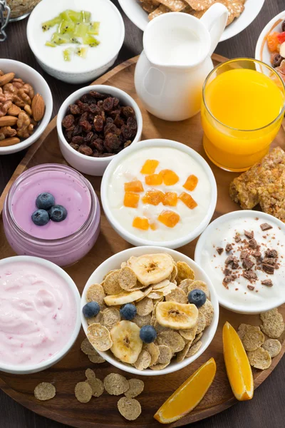 Rich breakfast buffet with cereals, yoghurt and fruit