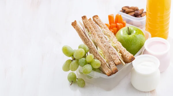 School lunch with sandwiches, fruit and yogurt