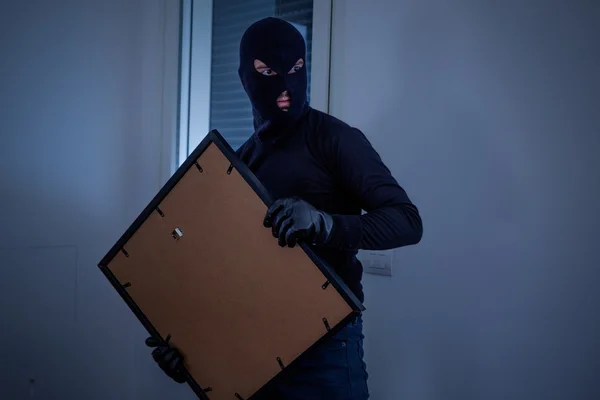 Thief inside home  stealing a painting from the wall