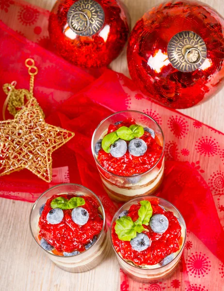 Christmas dessert. Sweet dessert tiramisu with strawberry, fresh
