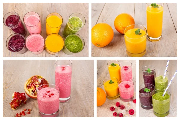 Collage of four fruit, berry and vegetables healthy smoothies