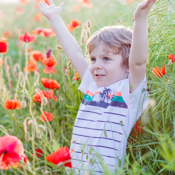 Cute kid boy with poppy flower on poppy field on warm summer day