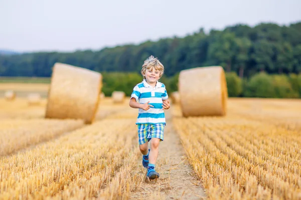 Little kid boy playing on hay field, outdoors