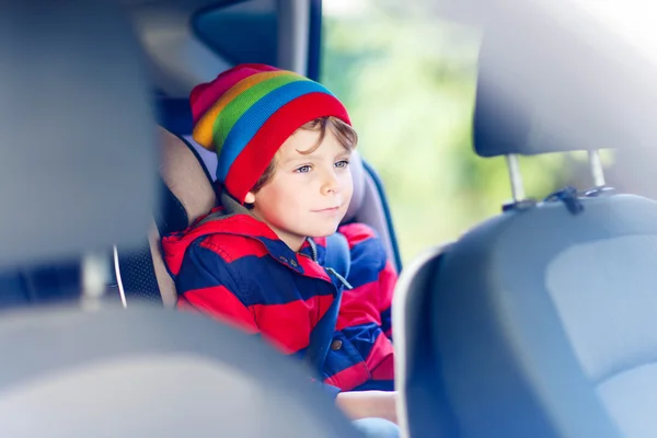 Portrait of preschool kid boy sitting in car