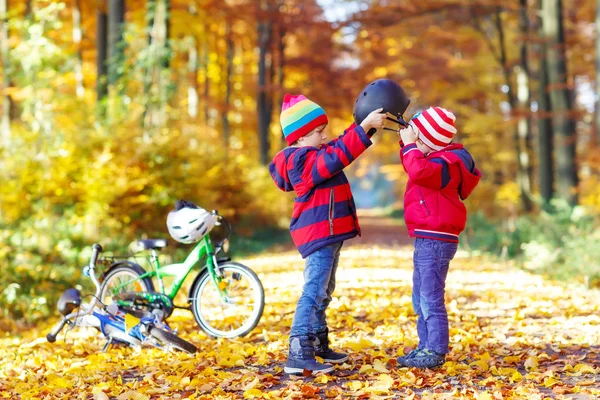 Two little kid boys with bicycles in autumn forest