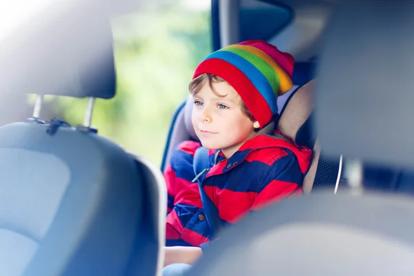 Portrait of preschool kid boy sitting in car