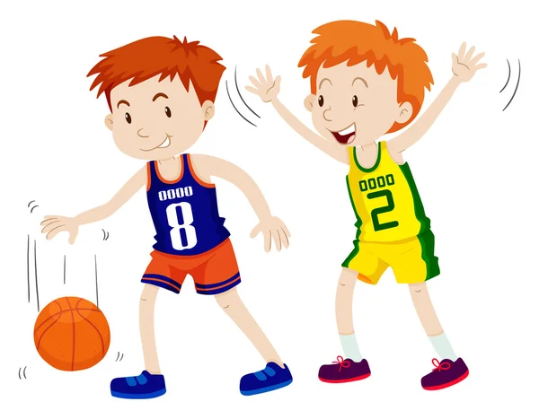 Two boys playing basketball