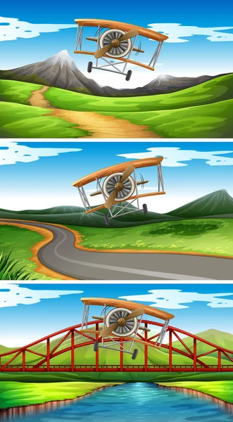 Three scenes of airplanes flying in sky