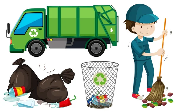 Set of garbage truck and janitor