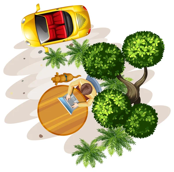 A topview of a table with a man, a tree and a vehicle