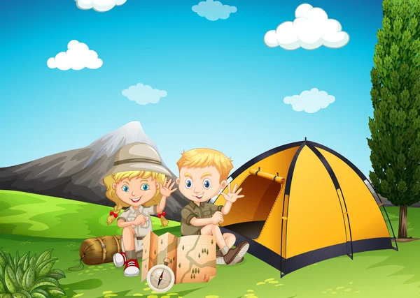 Boy and girl camping in the park