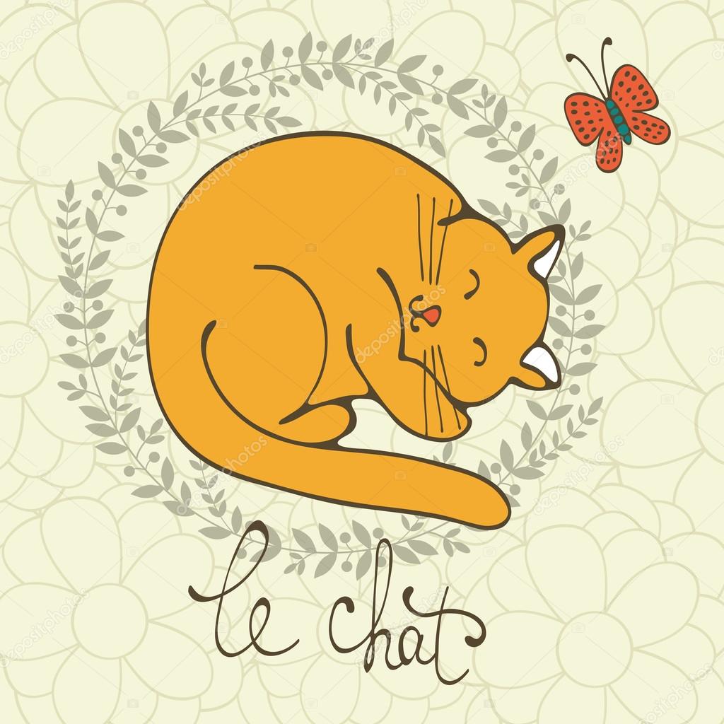 フランス語のかわいい猫キャラ イラストと猫語のレタリング、Le Chat は、フランス語で猫を意味します。ベクトル形式のイラスト \u2014 Vector by Japanez