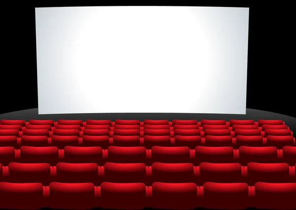 Cinema, wooden seats and stage, red velvet curtain, white empty screen