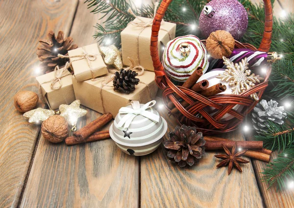 Basket with christmas baubles