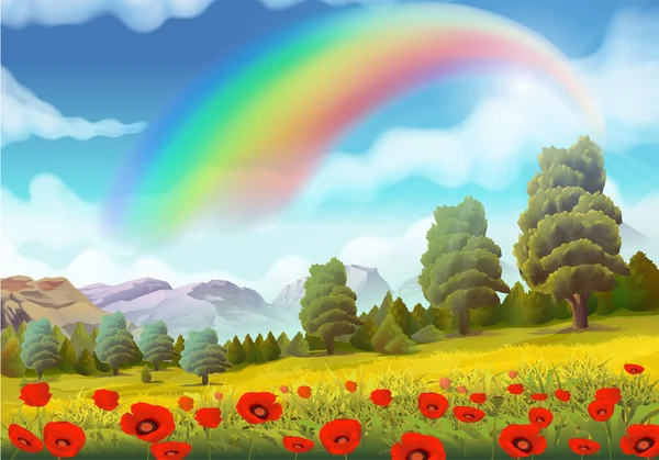 Spring landscape, poppies and rainbow vector background