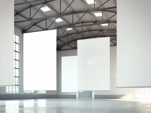 Blank white banners in hangar area. 3d rendering